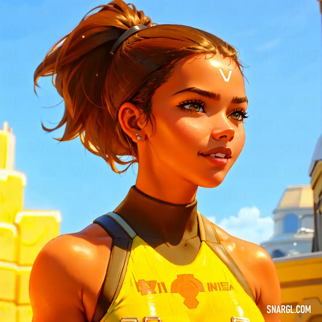 Woman with a ponytail standing in front of a building with a sky background and a yellow top with a white v logo