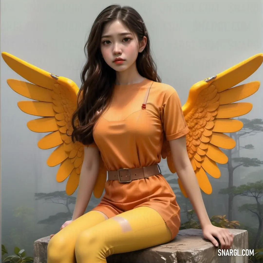 Woman with long hair and yellow wings on a rock with her legs crossed. Example of Tiger eye color.