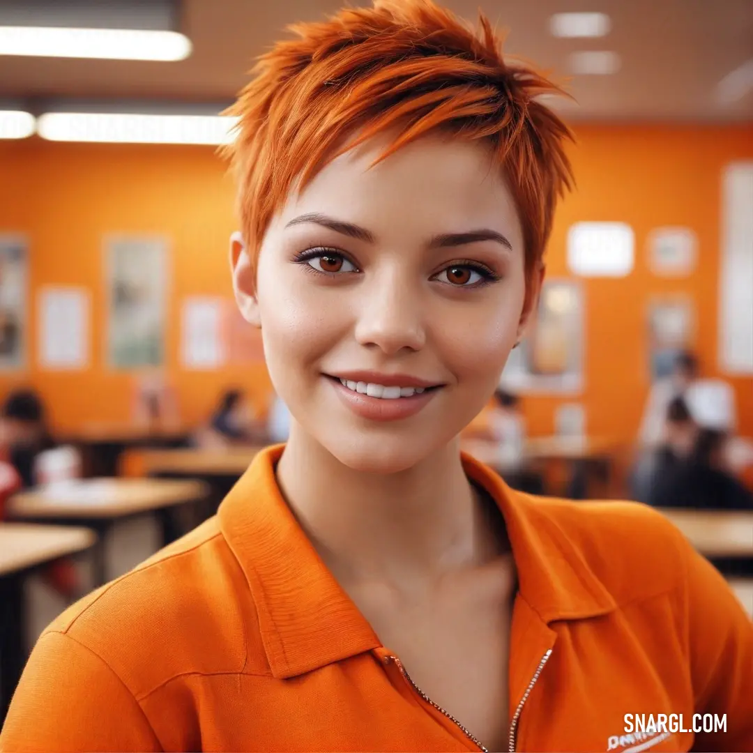 Woman with short hair and orange shirt smiling at the camera in a classroom with orange walls and desks. Color #E08D3C.