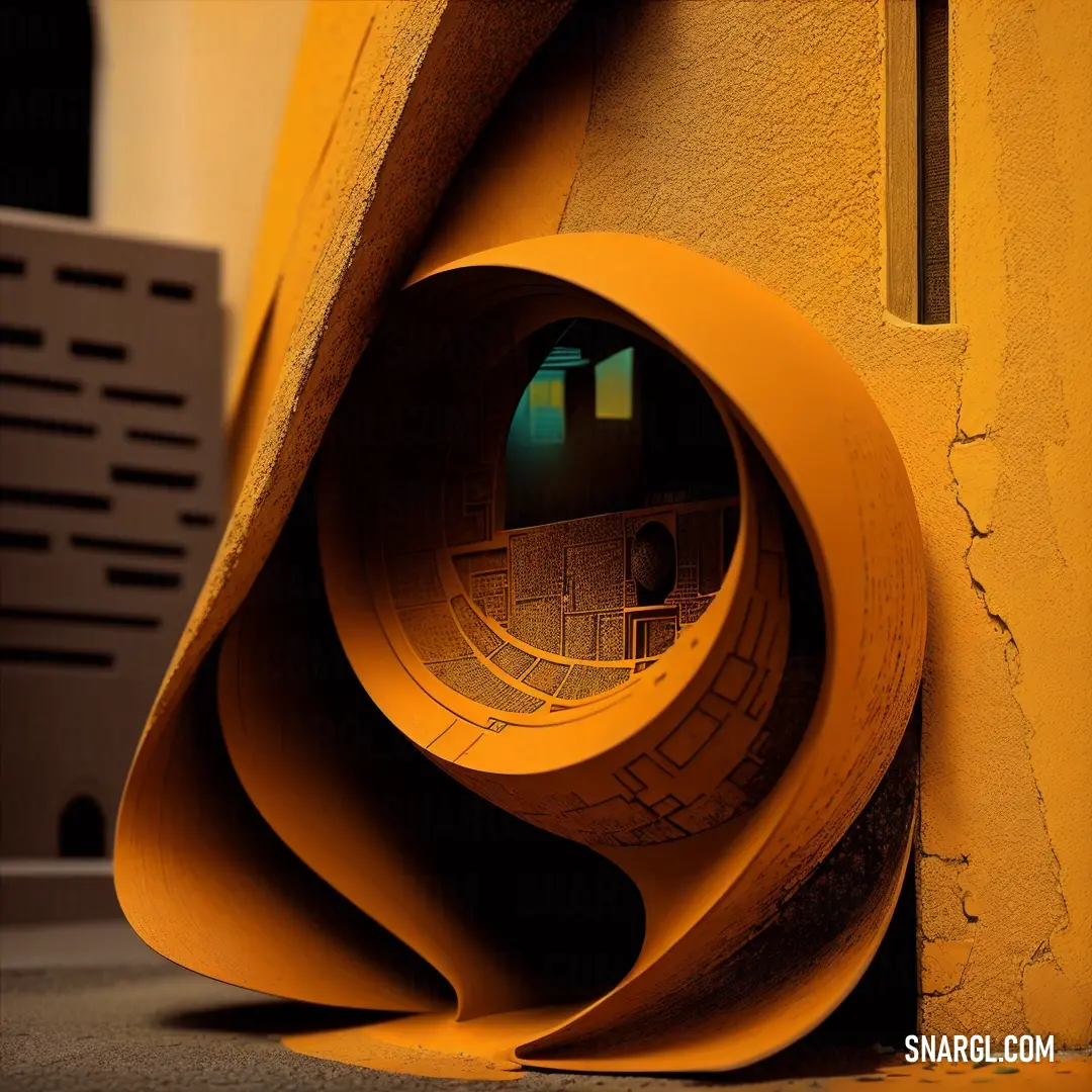 Yellow sculpture with a circular hole in it's center on a sidewalk next to a building with a clock on it