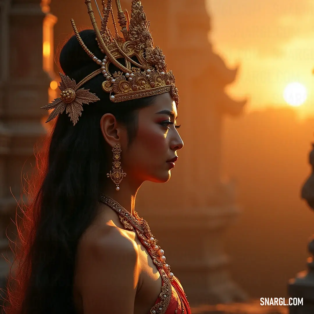 Tilottama shines brilliantly in a regal red dress and crown, set against a stunning sunset that enhances her royal demeanor. In the golden glow of a breathtaking sunset, Tilottama stands radiantly in a regal red dress, wearing a sparkling crown. The vibrant hues of the sky blend beautifully with her attire, creating an awe-inspiring portrait of royalty and elegance.