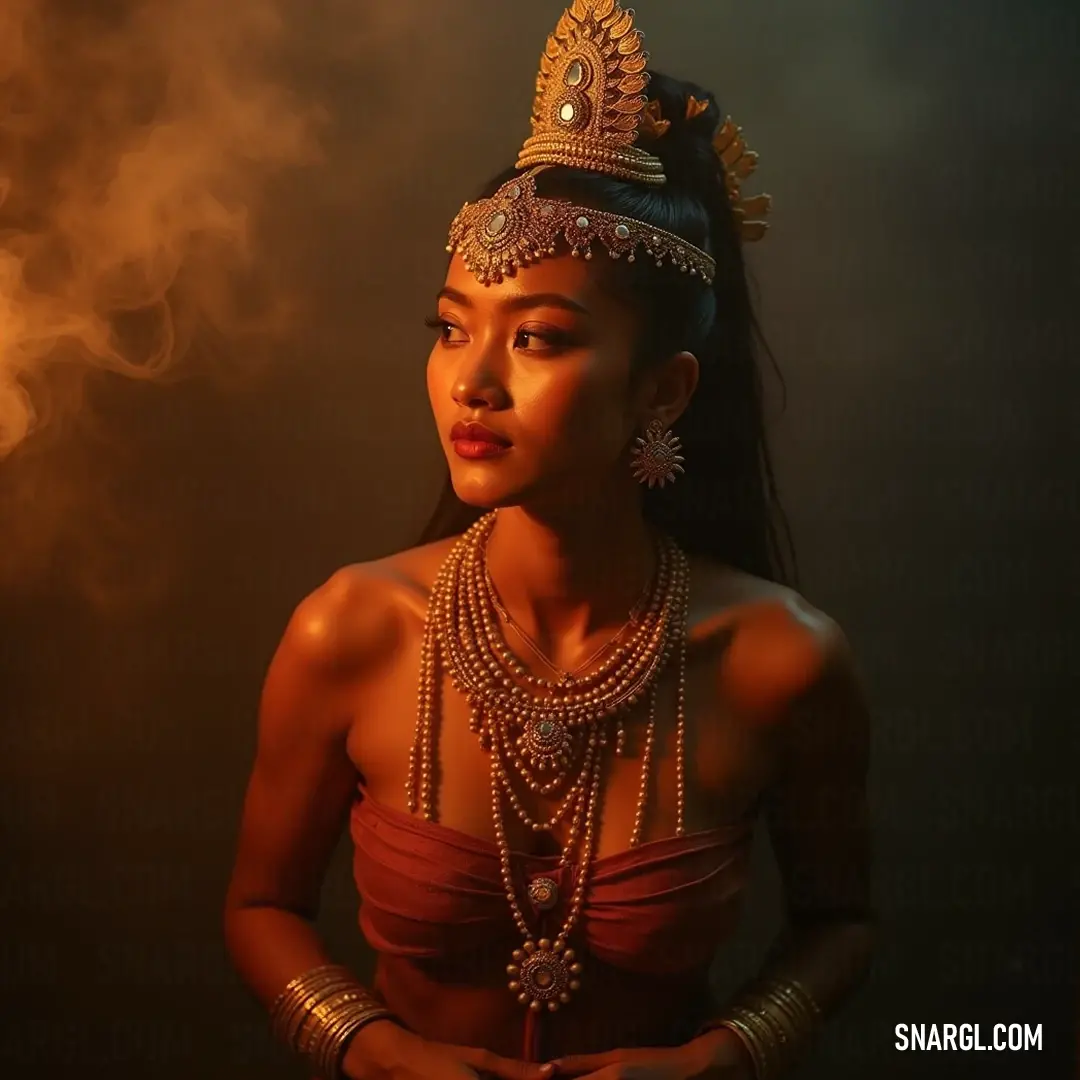 Tilottama dazzles with a sparkling necklace and tiara, set against a soft smokey backdrop that enhances her captivating elegance. With a smokey background that enhances her allure, Tilottama dazzles in a striking necklace and tiara. The sophisticated elegance of her attire draws attention, enveloping her in an enchanting mystique that windows the viewer's imagination.