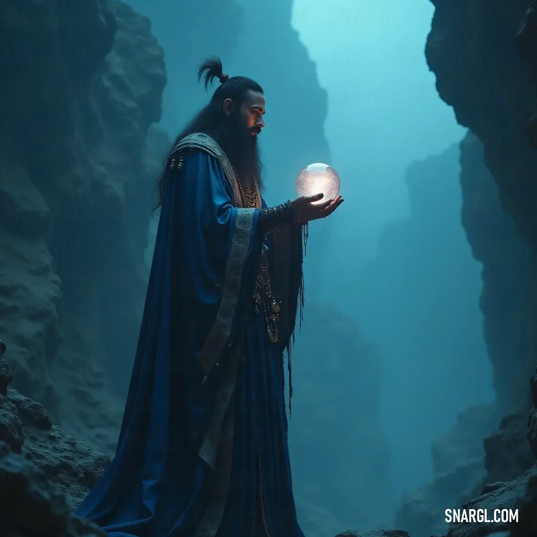 A meditative figure in a blue robe peers into a glowing crystal ball, surrounded by the enchanting ambience of a mystical cave. In a mystical cave illuminated by a radiant light, a wise figure draped in a blue robe holds a crystal ball, gazing into its depths as if unraveling the secrets of the universe.