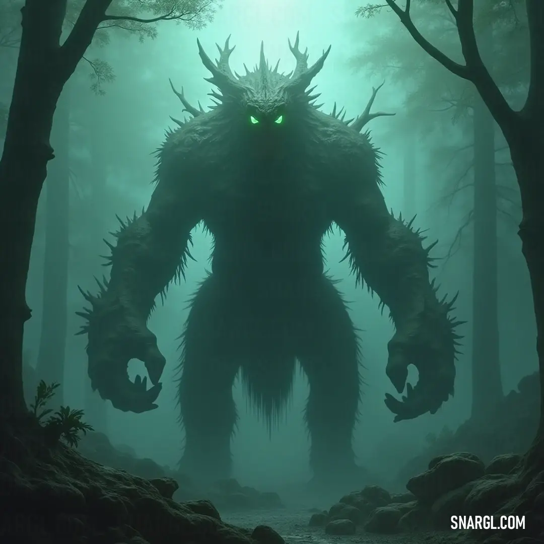 Majestic Giant Timberbane in a tranquil forest with luminous green eyes and a natural rocky setting. Majestic Giant Timberbane towering among ancient trees, its vibrant green eyes glimmering as sunlight filters through the dense forest canopy, surrounded by sturdy rocks that create a mystical atmosphere.