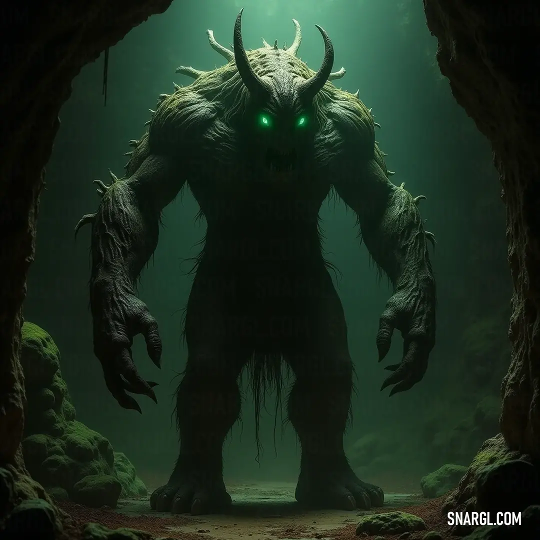 Enchanting Giant Timberbane with glowing eyes illuminated in a mystical cave glowing softly in green light. Illuminated Giant Timberbane with radiant glowing eyes, poised in a shadowy cave highlighted by ethereal green light, creating an otherworldly aura that immerses viewers in its enchanting presence.