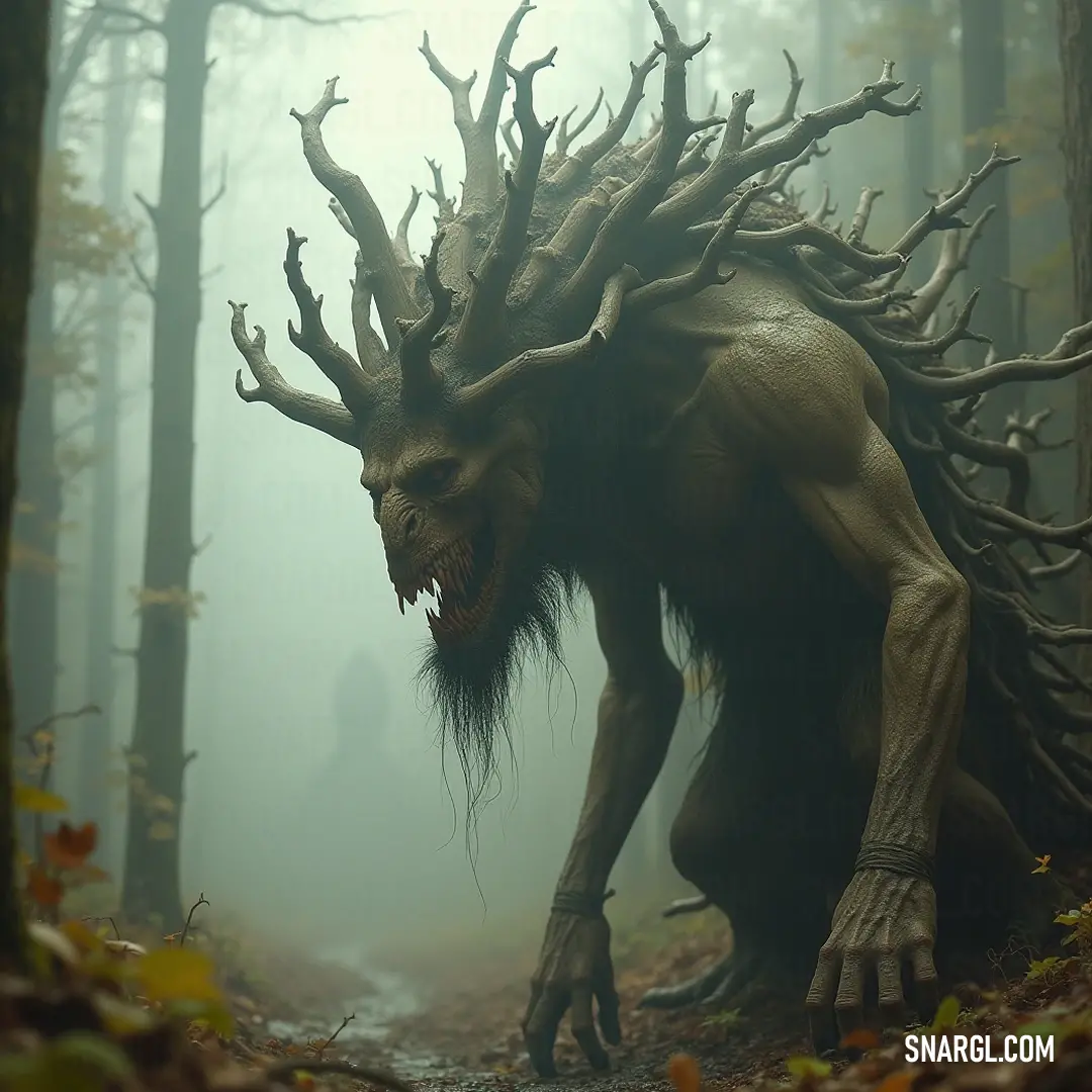 A Timberthorn, adorned with striking horns and a massive mouth, emerges from the woods, enveloped in an ethereal fog. The blend of mystery and intrigue adds depth to the scene, where trees stand sentinel in the background.