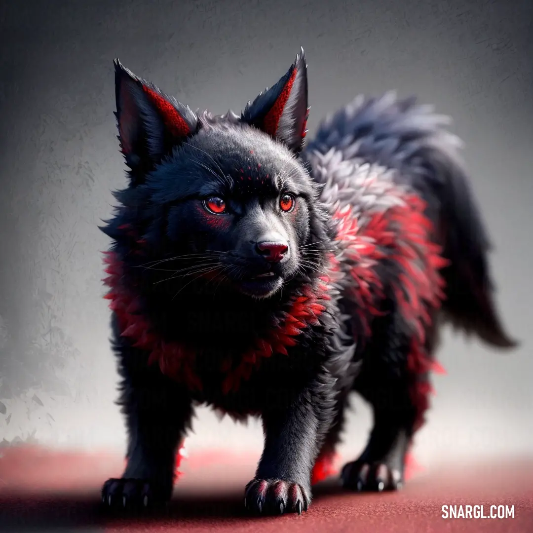 Black and red Timberwolf with red eyes and a black tail