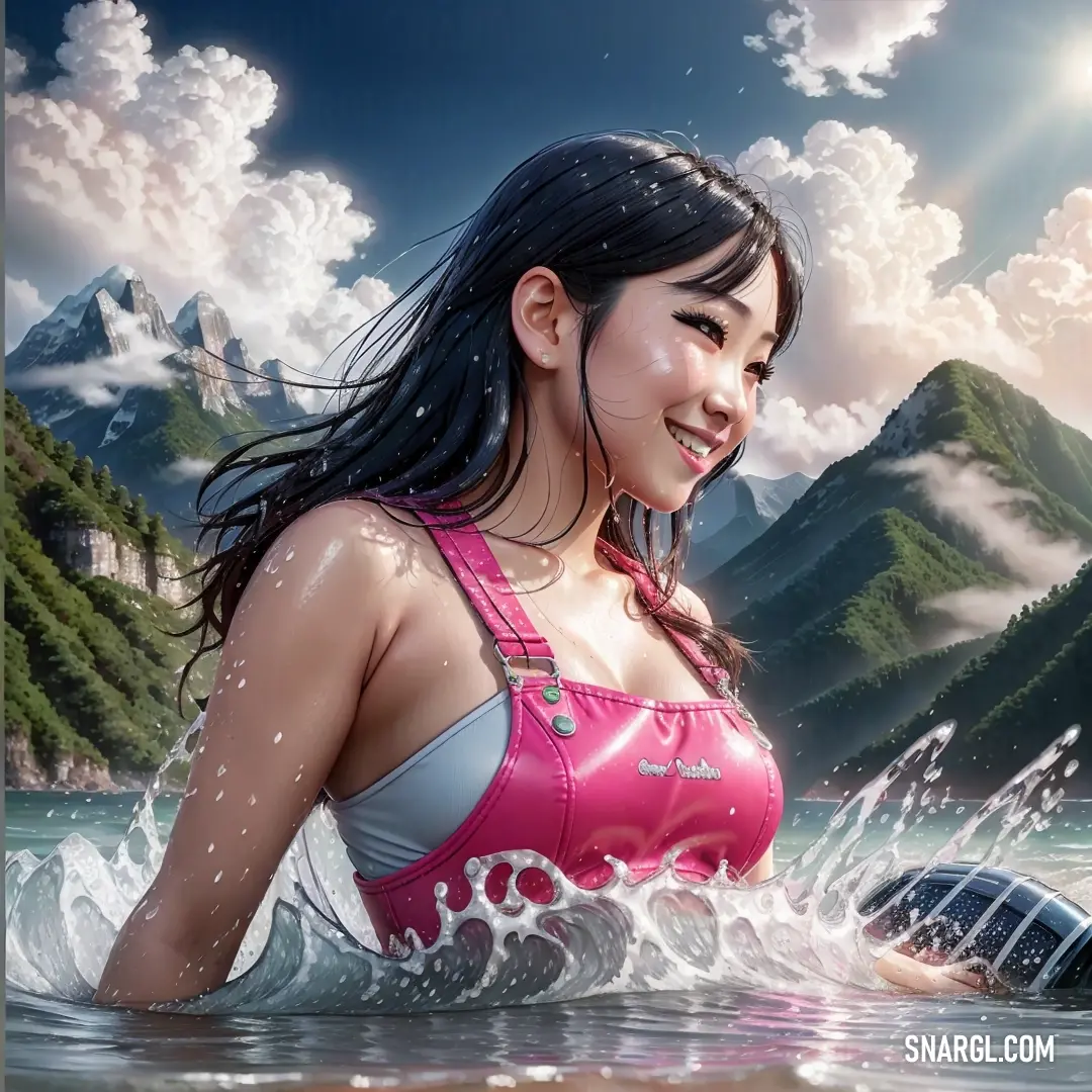 Woman in a pink bikini is in the water with a book in her hand and mountains in the background