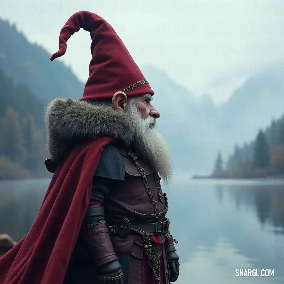 A charismatic figure dressed in a vibrant ensemble of red and black stands confidently, sporting a majestic red cape, exuding a sense of adventure and boldness with a wise beard that suggests stories of past exploits.