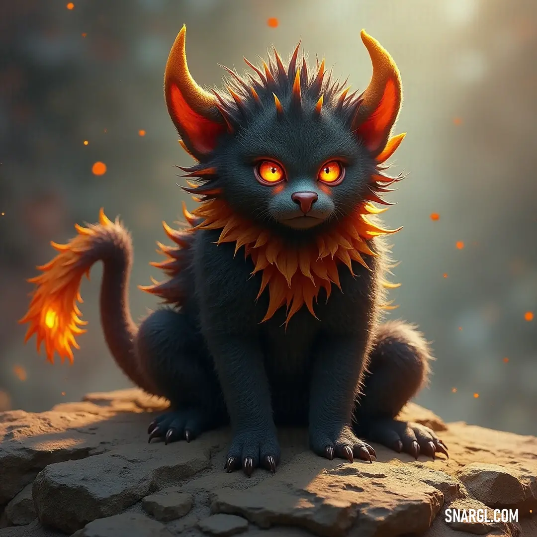 A striking black creature known as Tink sits on a rough-hewn rock, its orange eyes glistening with curiosity. The bright tail on its head glows softly, casting a warm light around, inviting passersby to marvel at its unique and captivating presence.