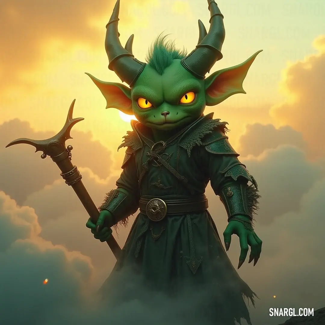 A green fairy wielding a sword against a cloudy backdrop. A fierce green fairy with intimidating horns brandishes a gleaming sword high above her head, surrounded by fluffy clouds. The dynamic pose combined with the intensity of her expression adds drama to the mystic sky.