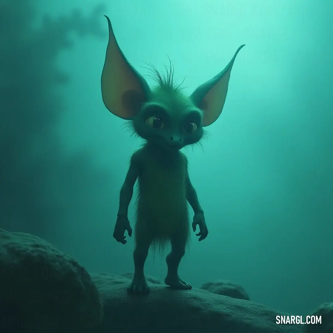 A charming Tinkerbell resting on a lush rock by the tranquil waters, her large ears enhancing her magical allure. A whimsical scene featuring a petite Tinkerbell, delightfully posed atop a moss-covered rock with shimmering water surrounding her, accentuated by her oversized ears that add to her enchantment.