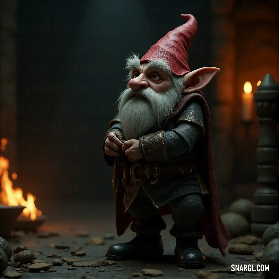 A statue of a Tinkergnome with a red cape and hat stands majestically in front of a roaring fire pit. The flickering flames cast shadows that make the gnome’s features seem alive with enchantment and ancient wisdom.