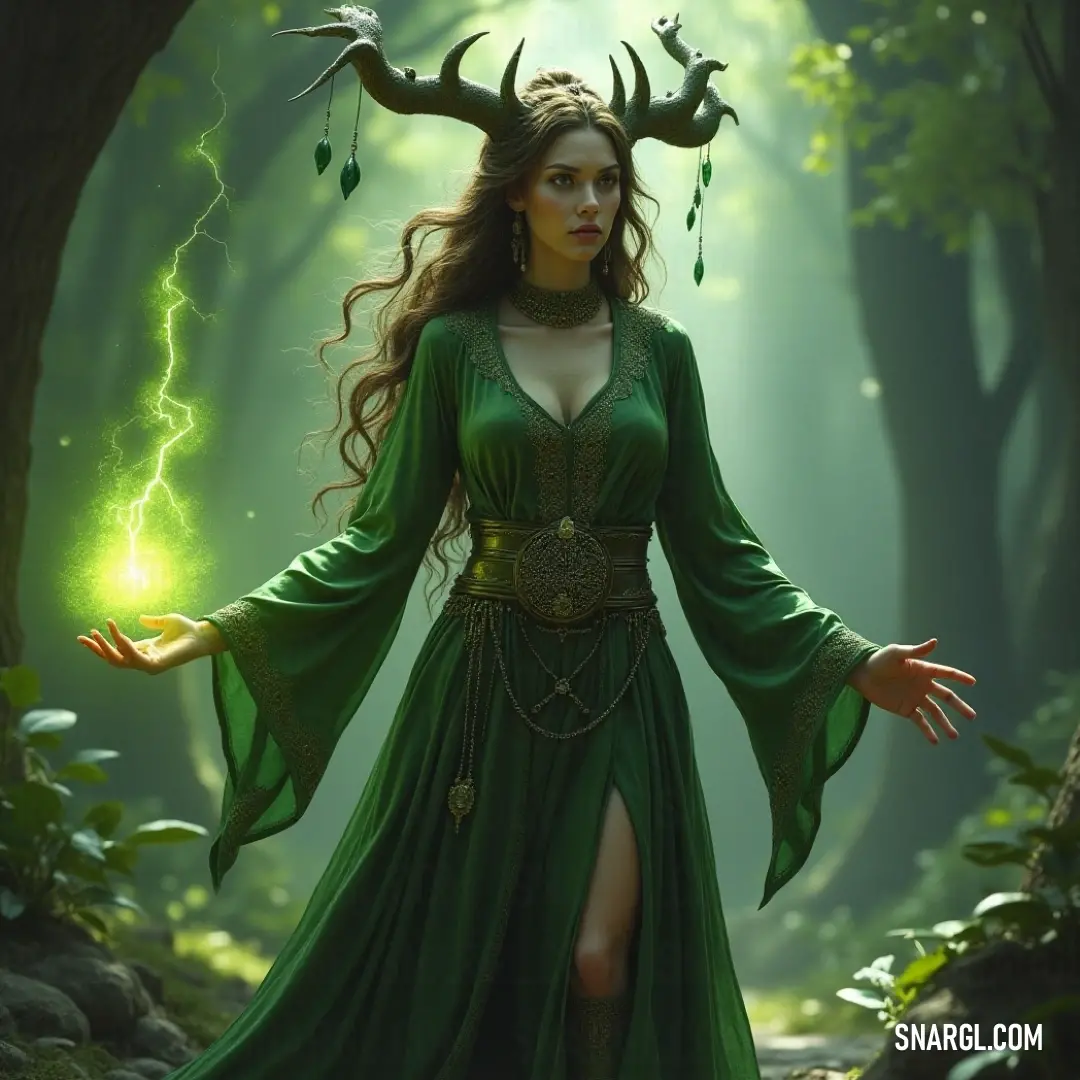 A whimsical character in a striking green dress and horns, illuminated by an ethereal light, creating an enchanting scene. A mystical figure draped in a vibrant green dress, adorned with elegant horns, stands confidently under a luminescent green light, surrounded by an enchanted atmosphere filled with wonder and intrigue.
