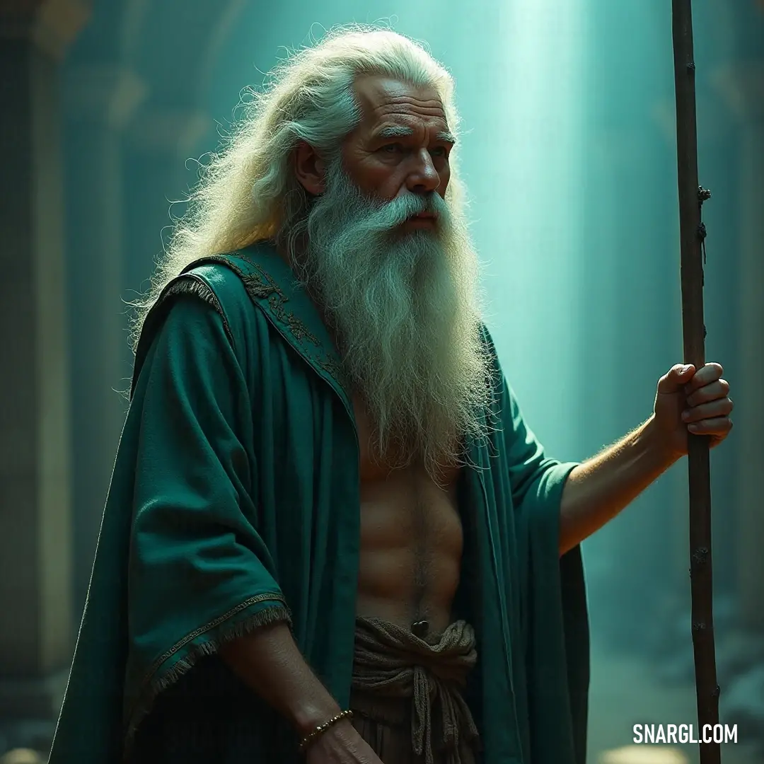 An enigmatic elder with a long white beard and a gnarled stick, embodying timeless wisdom and mystery in a surreal setting. An androgynous figure with a long flowing white beard gazes contemplatively, gripping a gnarled stick, surrounded by an ethereal glow that suggests ancient wisdom and deep knowledge of the world around them.
