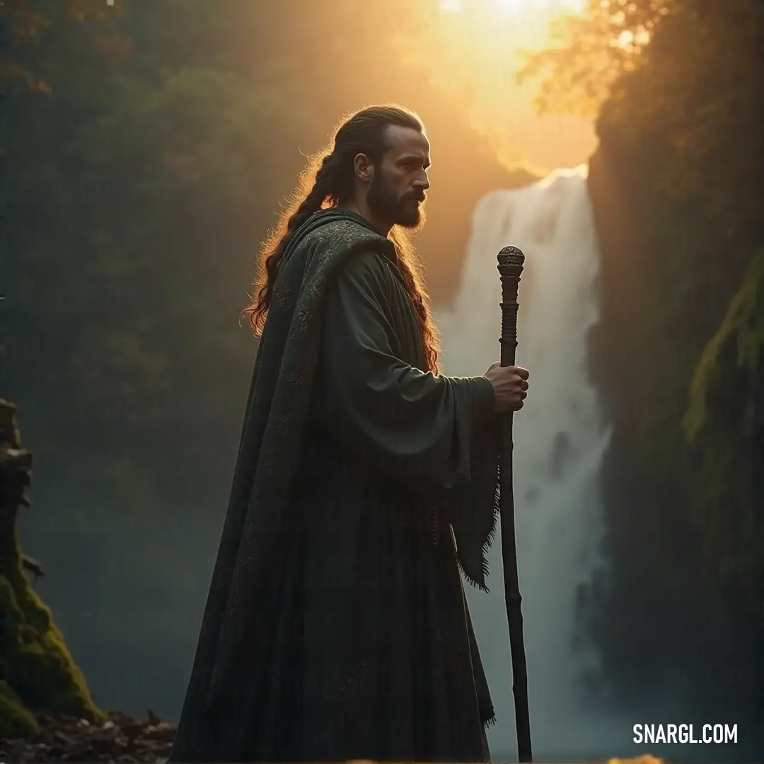 A wise elder with a staff stands before a majestic waterfall, his long robe and beard flowing as the rushing water symbolizes the force of his wisdom. A venerable figure with a long white beard and flowing robe stands before a powerful waterfall, holding a staff. The crashing water symbolizes the strength of his character and knowledge.
