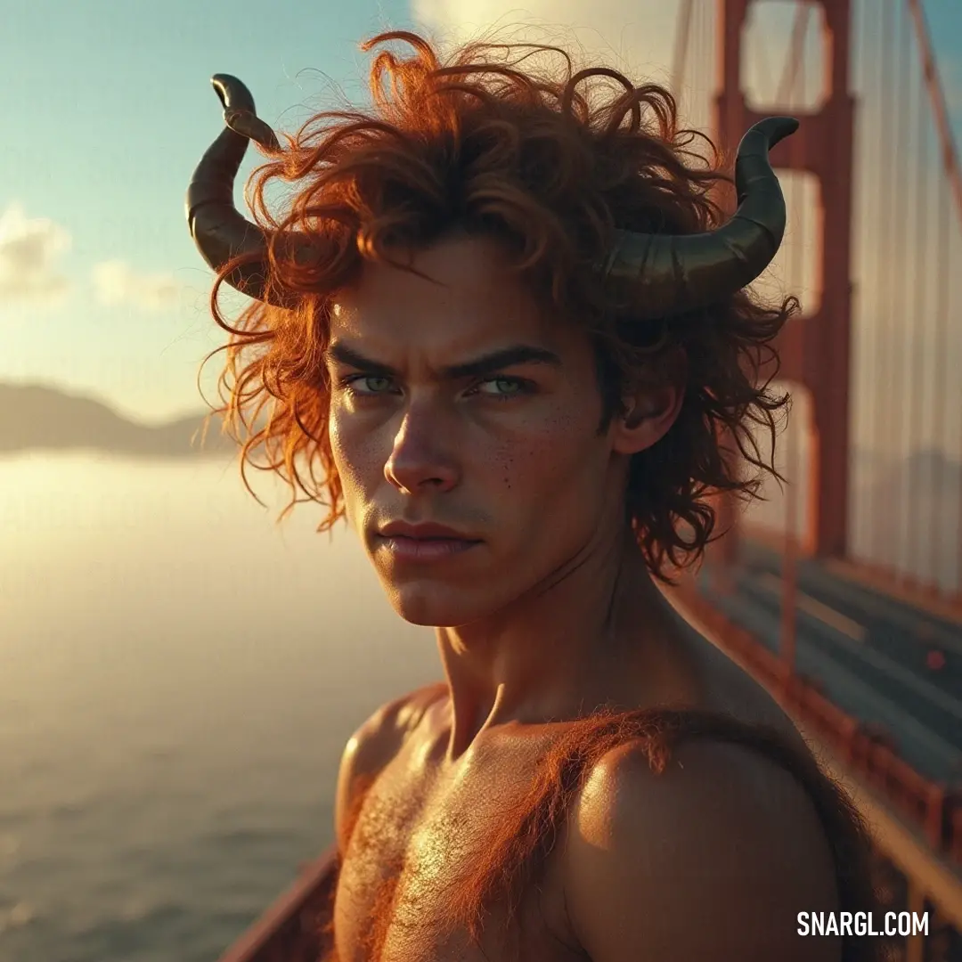 A majestic horned figure stands before a charming old bridge, surrounded by peaceful waters, embodying the tranquility and timeless beauty of the natural world. A striking figure adorned with splendid horns stands regally in front of an old bridge, the tranquil water reflecting the surrounding beauty, painting a scene that merges nature and history in perfect harmony.