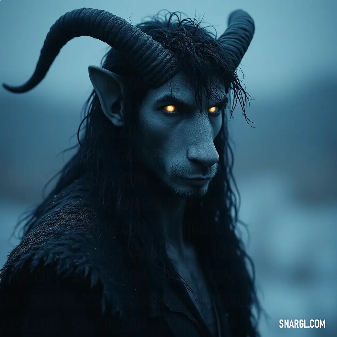 Tirso, with his long hair cascading and powerful horns, captures attention with his piercing glowing eyes, in a dramatic pose that suggests a blend of strength and enigma.