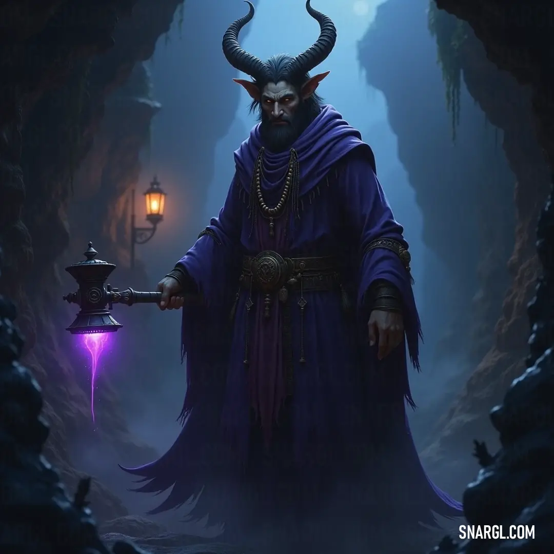 Tirso, in an elaborate horned costume, holds a glowing lamp in a mystical cave, where the purple light casts intriguing shadows that reveal secrets hidden in the darkness.