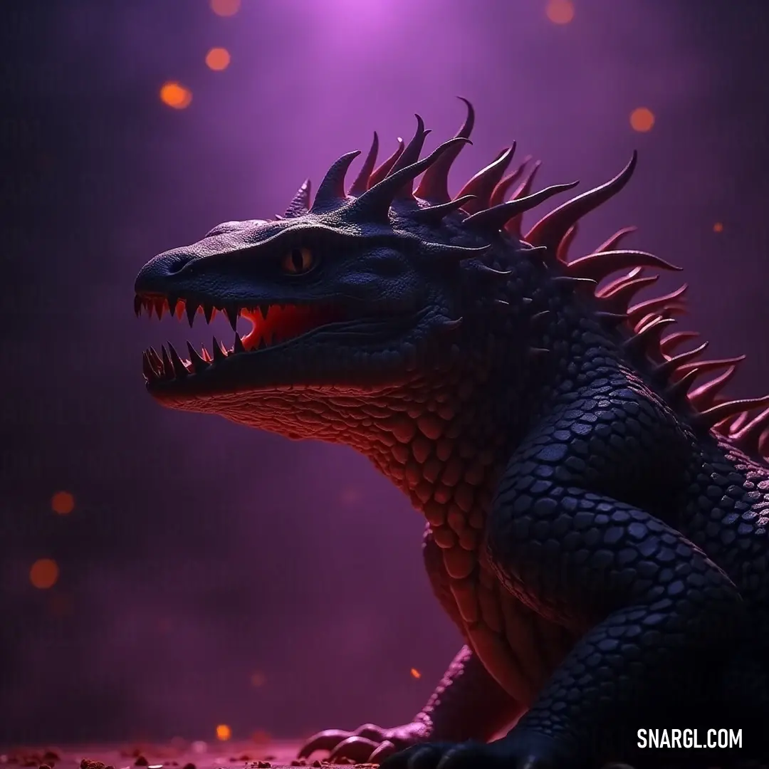 A striking depiction of the Titan Basilisk with menacing sharp teeth, set against a vivid purple background that highlights its formidable presence. A majestic Titan Basilisk resembling Godzilla, adorned with razor-sharp teeth, emerges dramatically against a vibrant purple backdrop, embodying both ferocity and grandeur.