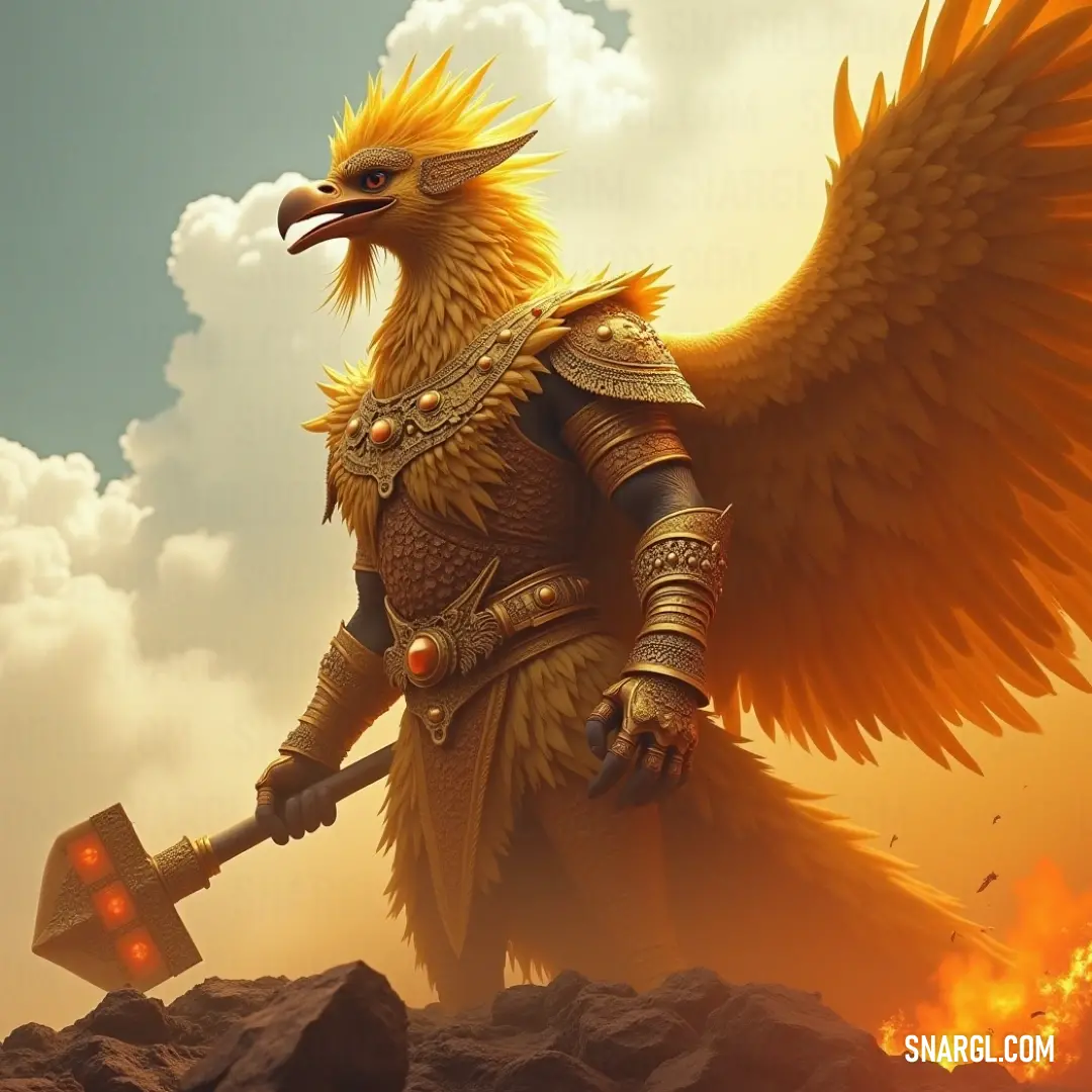 Behold the Titan Garuda, a guardian figure with a sword and helmet, standing resolute in front of a dramatic backdrop of fire and clouds, radiating authority and strength. An imposing Titan Garuda, adorned with a gleaming sword and an ornate helmet, standing valiantly amidst a fiery background of flames and tumultuous skies.