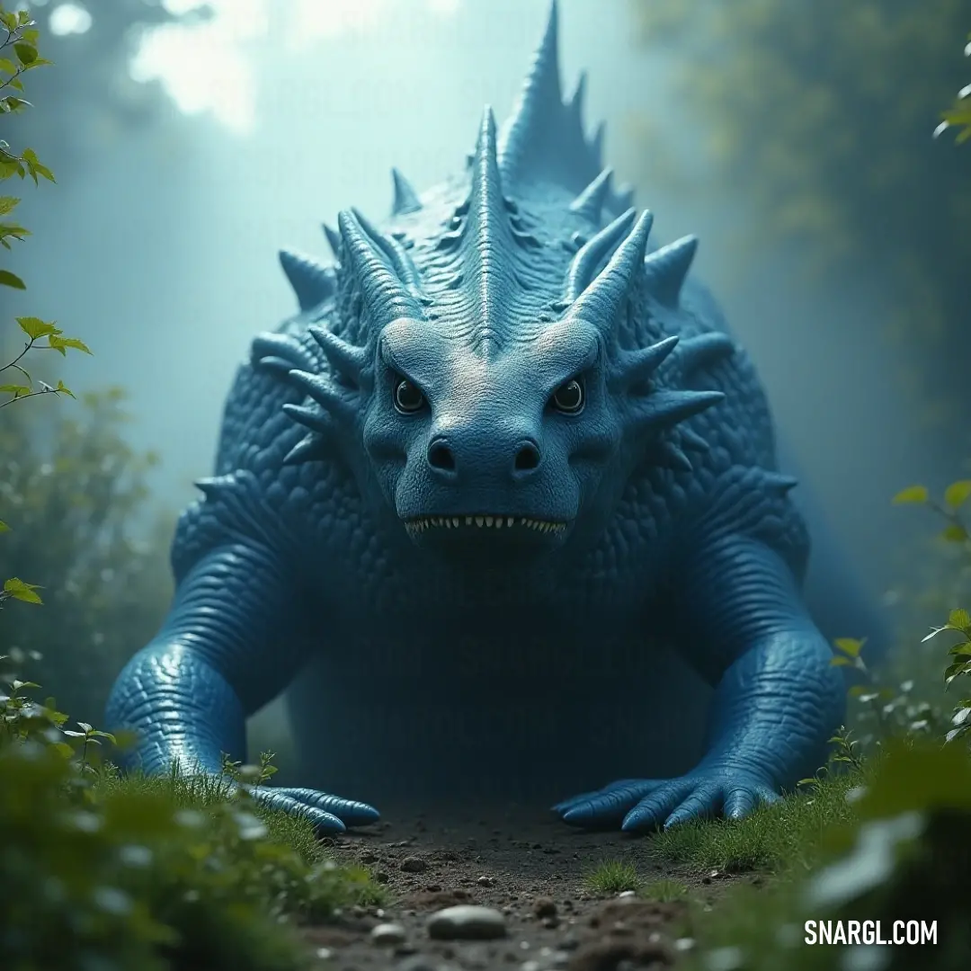 In an enchanting forest, a striking Blue Titanic Leviathan coexists amidst towering trees and lush grass. Soft rays of light penetrate the canopy, illuminating the creature's scales, as it blends harmoniously with nature's tranquility, hinting at the magi
