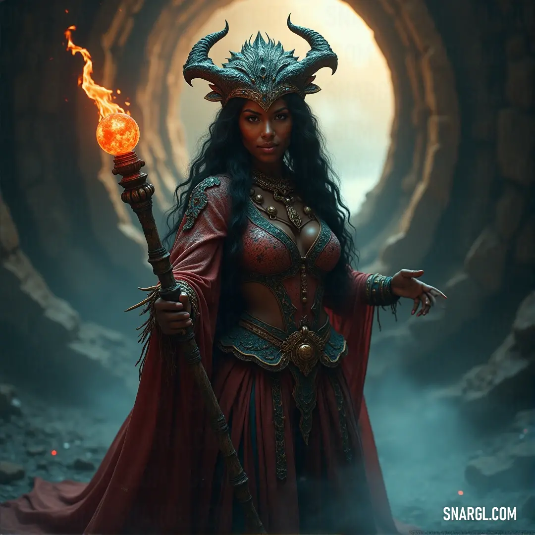 A mesmerizing figure in a red dress, holding a fire stick and a ball of fire, creating a magical display of light and energy as the flames swirl around her. A confident woman in a flowing red dress, wielding a fire stick with a ball of fire in her hand, lights up the night with her fiery performance, the flames dancing with every movement she makes.