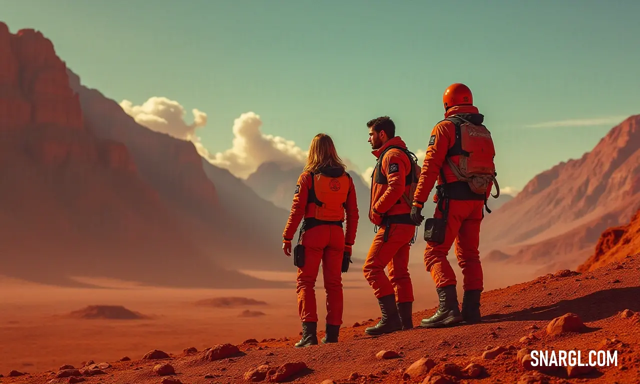 Three people in orange suits standing on a desert surface with mountains in the background