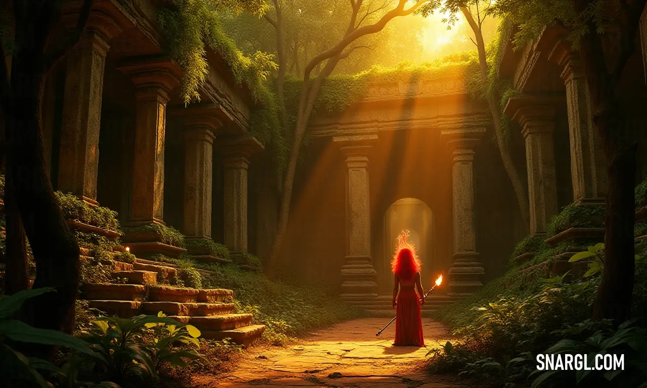 Woman in a red dress is standing in a forest with a light shining through the trees and a stone stairway