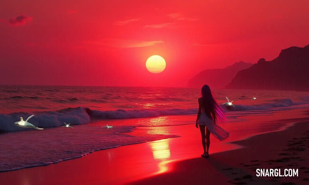 Woman walking on the beach at sunset with a surfboard in her hand and a bird flying in the air