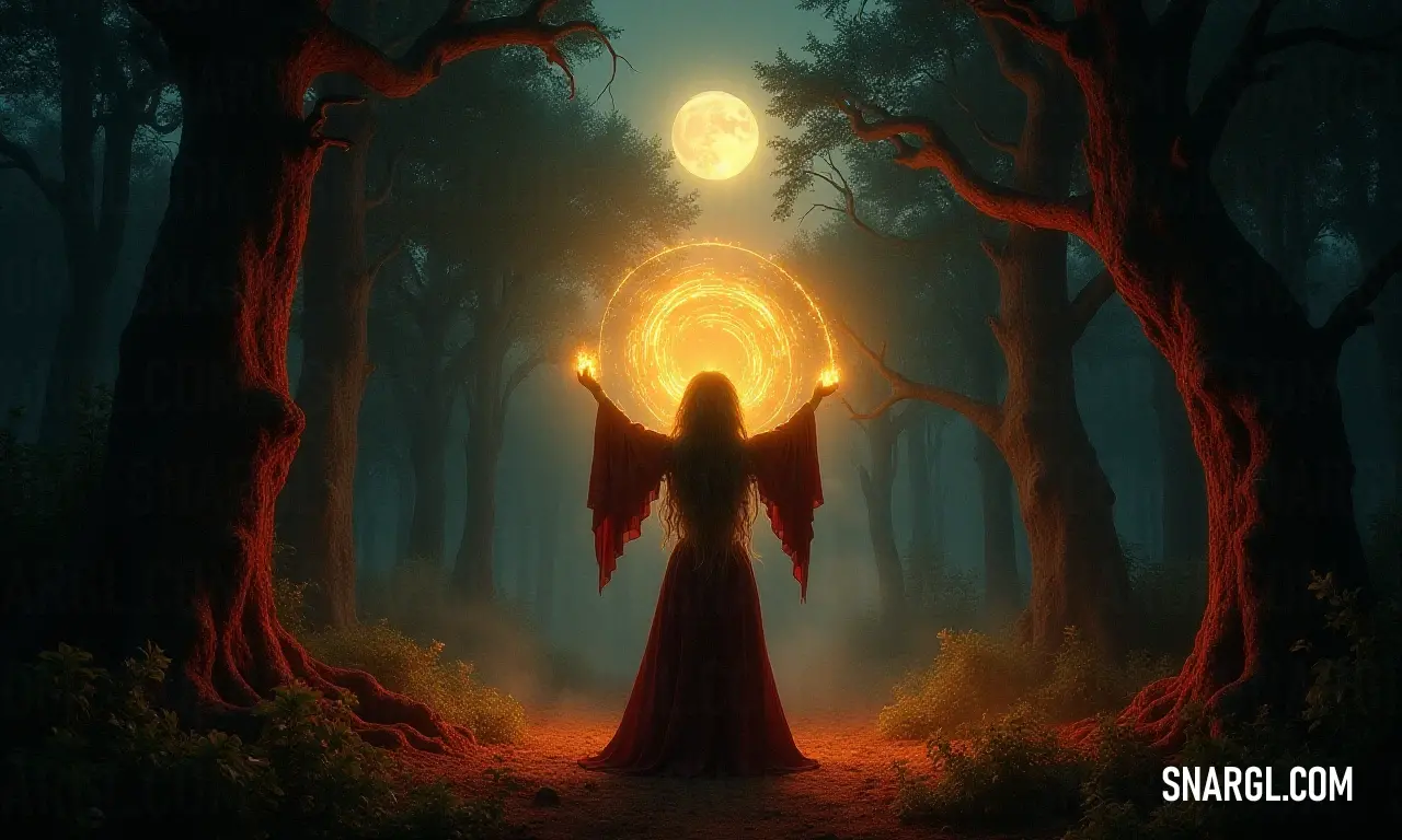 Woman with angel wings standing in a forest with a glowing orb in the background