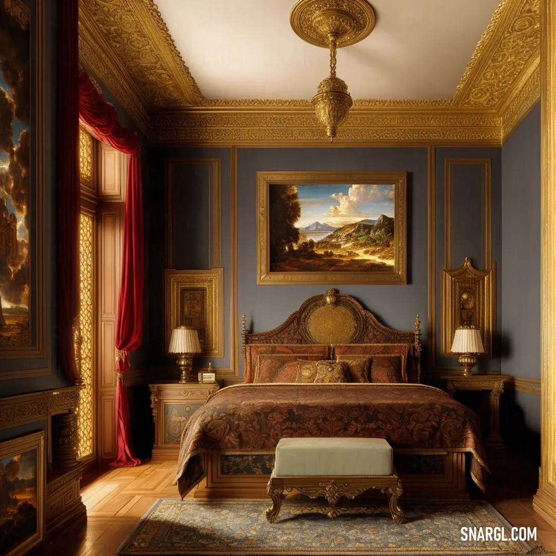 Bedroom with a bed and a painting on the wall above it and a bench in the middle of the room