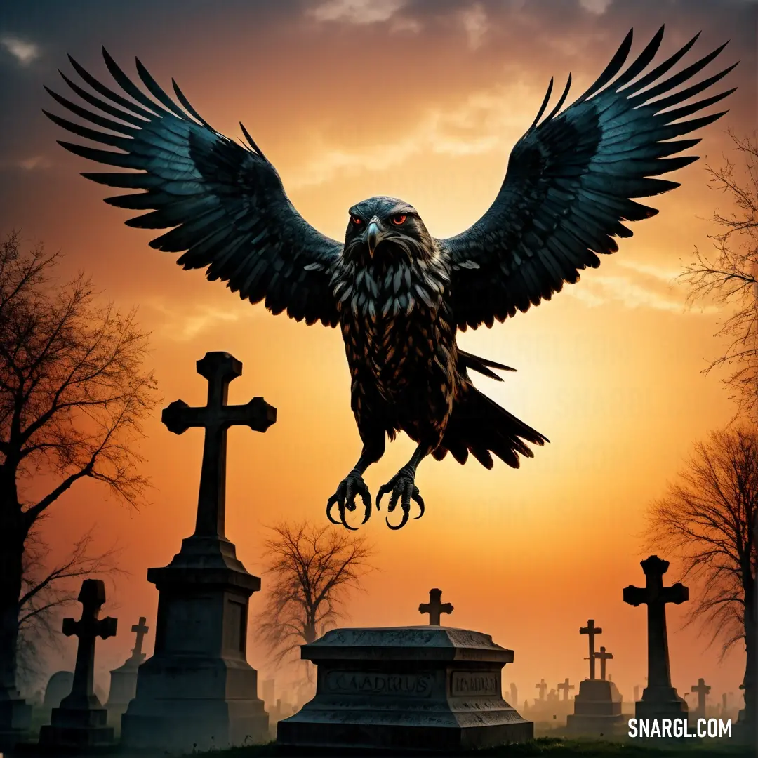 Bird flying over a cemetery with a cross in the background