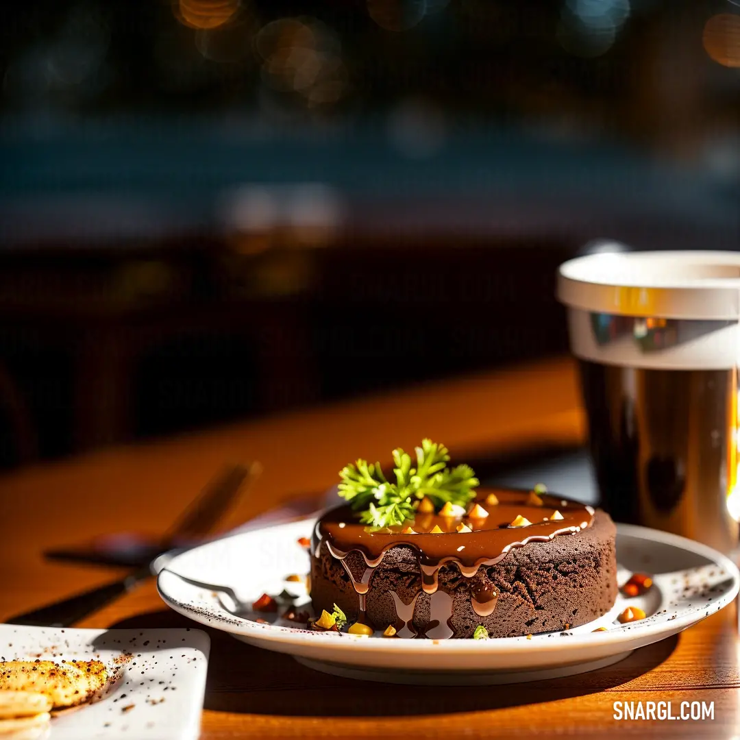 Chocolate cake on a plate with a fork and a cup of coffee in the background. Example of RGB 189,86,32 color.