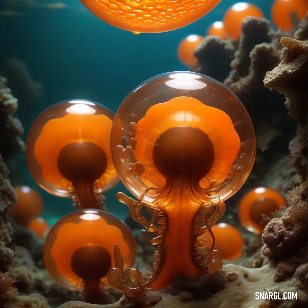 Group of orange jellyfish swimming in a coral reef with a light above them and a blue background. Example of Titian color.