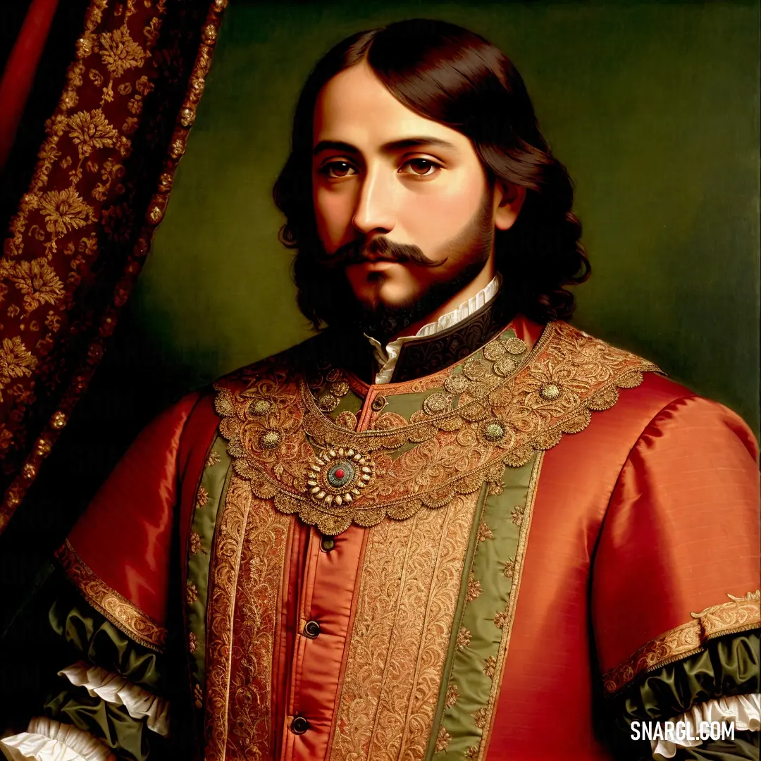 Painting of a man with a beard wearing a red and green outfit and a gold collared shirt