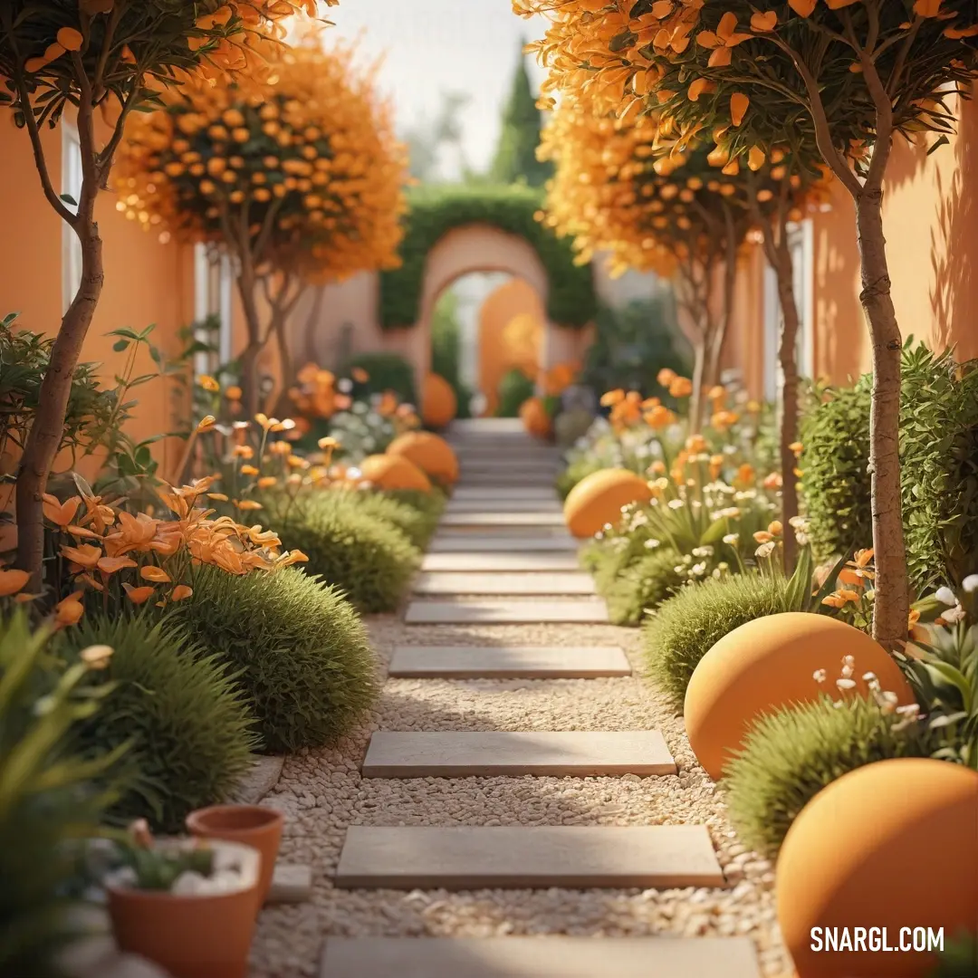 Pathway lined with trees and plants next to a building with a walkway between two buildings with orange flowers