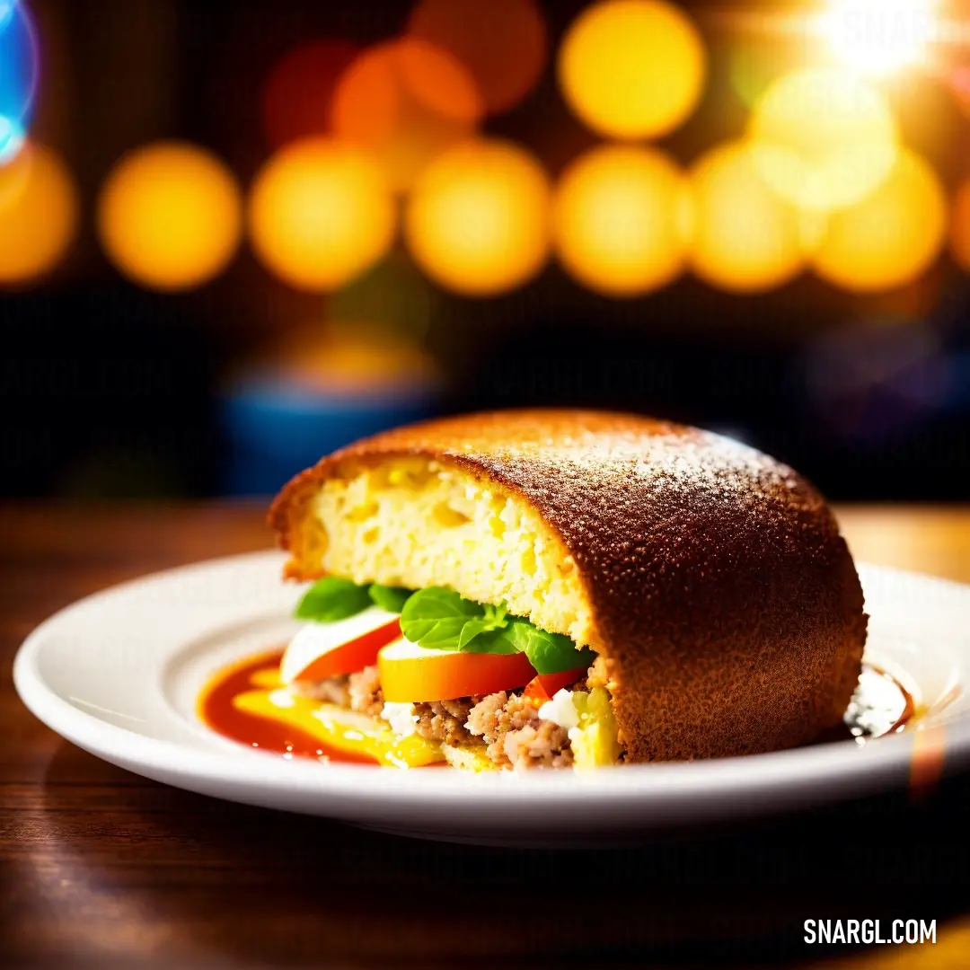 Sandwich on a plate with a side of sauce on a table with a blurry background of lights