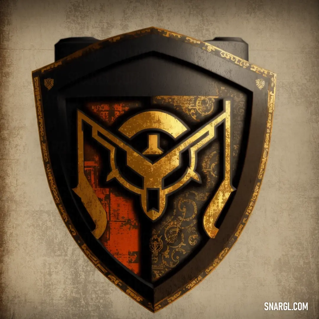 Shield with a gold and black emblem on it's side and a gold and black background on the front
