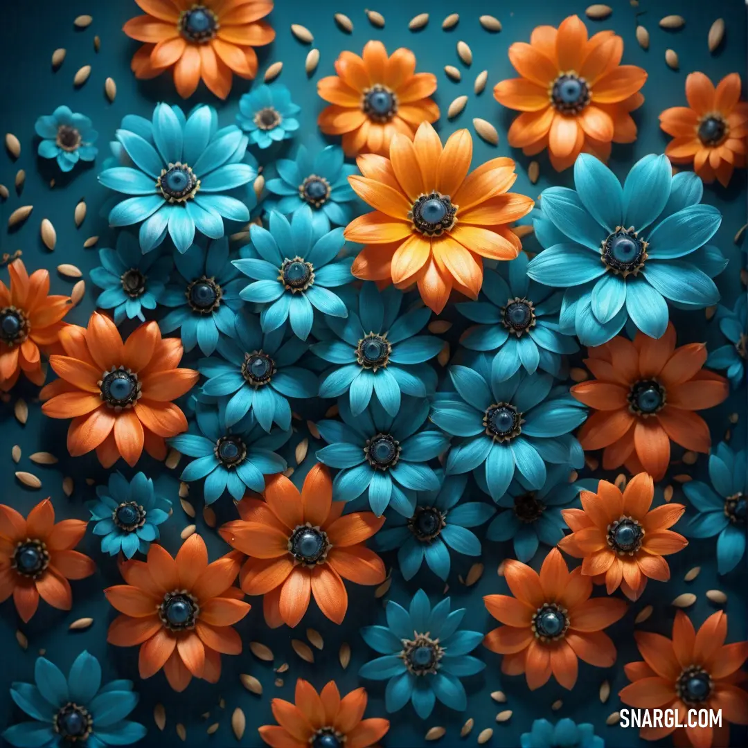 Bunch of flowers on a table together in a pattern of blue and orange flowers. Example of CMYK 0,54,83,26 color.