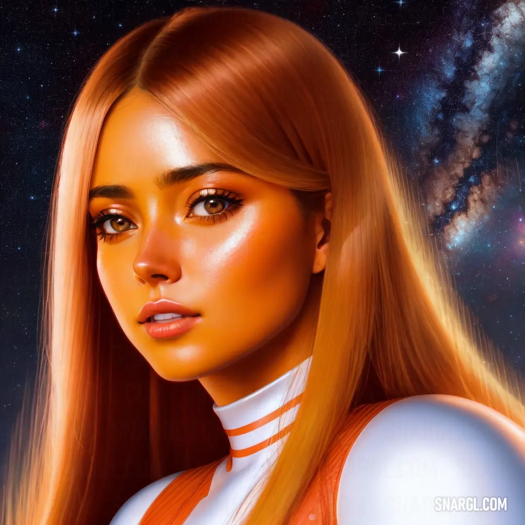 Painting of a woman with long hair and a tie on her neck and a space background. Color CMYK 0,54,83,26.