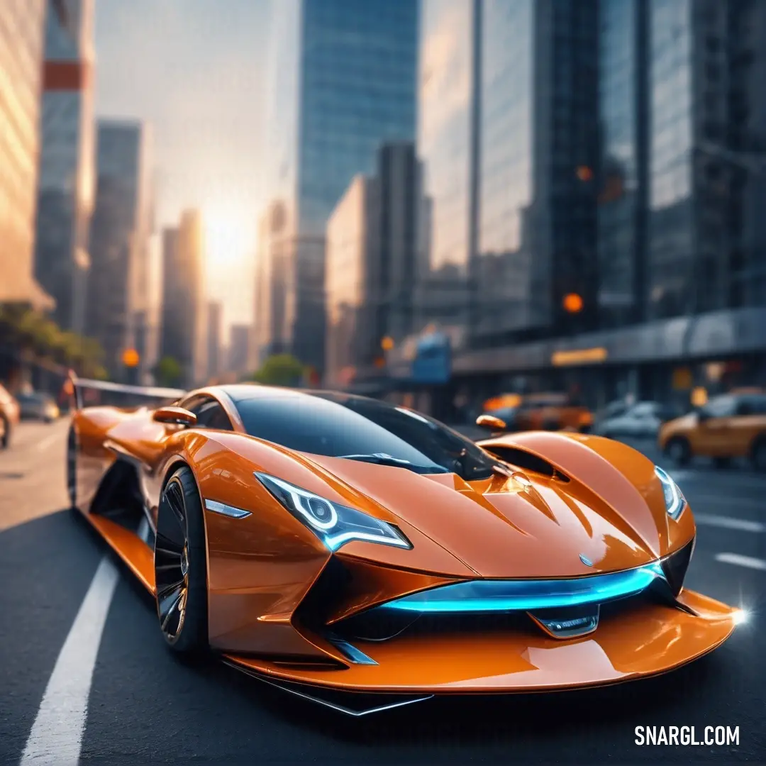 Very nice looking orange sports car on the street in the city at sunset time with a lot of traffic. Example of Titian color.