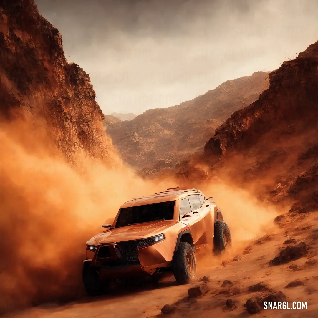 Truck driving through a desert with dust behind it and mountains in the background