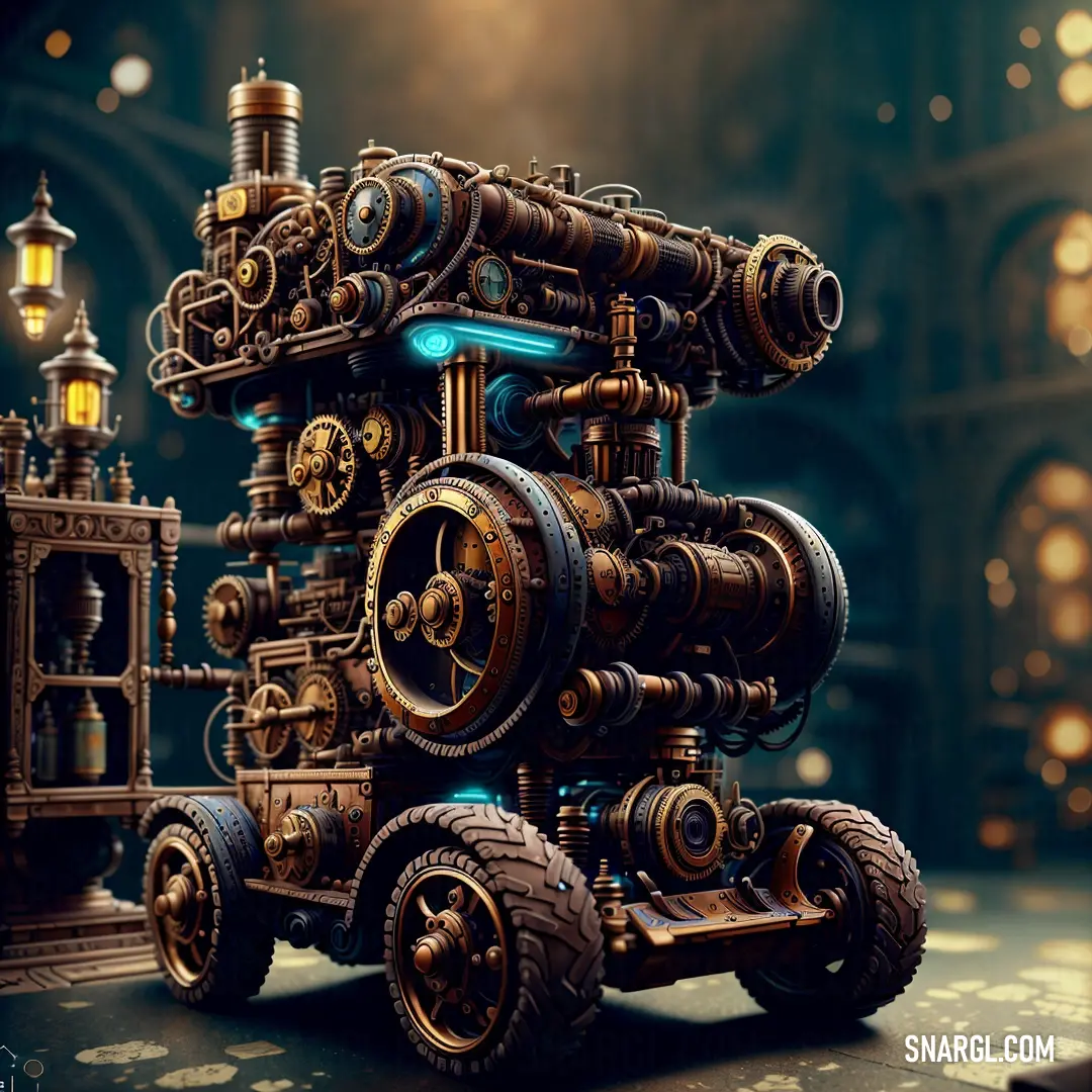 Very large and intricately designed steam engine car in a dark room with a clock tower in the background