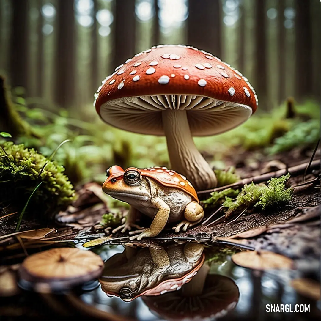 A green frog sitting near a mushroom in the forest, with its reflection captured in the water, surrounded by lush nature. A vibrant green frog perches on the forest floor, next to a small mushroom. The surrounding trees and delicate reflections in the nearby water create a magical, peaceful atmosphere within the forest.
