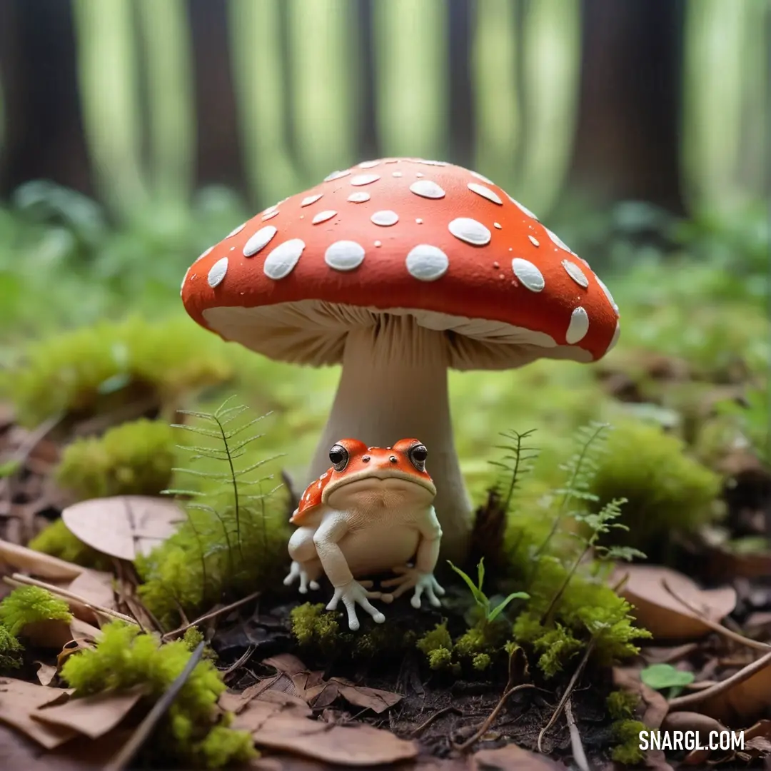 A toad resting on top of a mushroom in the forest, with its back legs raised, capturing the essence of woodland tranquility. A playful toad sits atop a mushroom in the forest, its small back legs perched above the ground. The surrounding greenery and earthy tones of the woods enhance the whimsical nature of this tranquil moment.