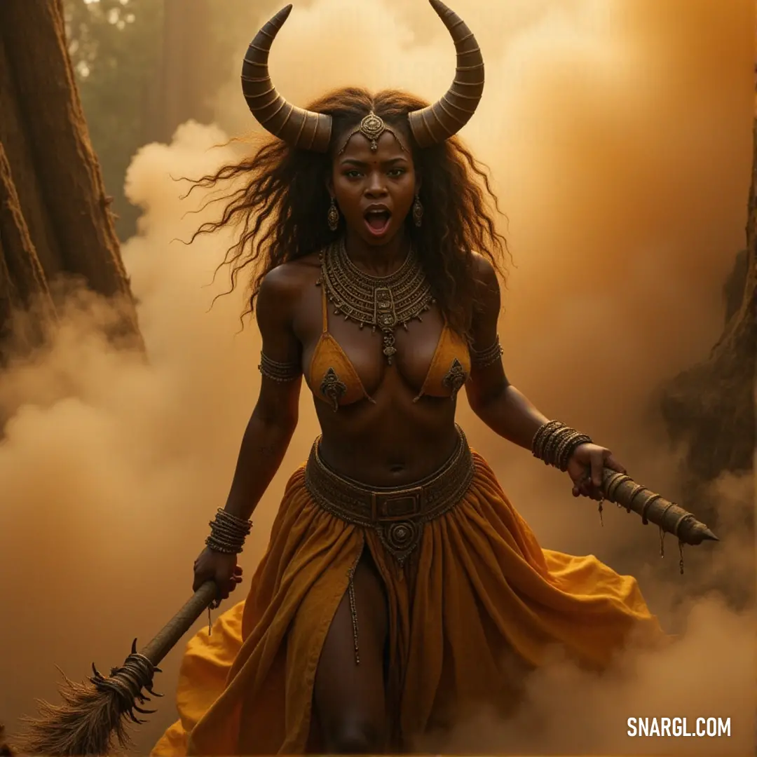 A powerful figure in a costume with horns, standing with a commanding presence in a fantasy world. A woman dressed in a bold costume with large horns on her head, exuding a fierce and mystical aura, standing in a striking, dramatic pose.