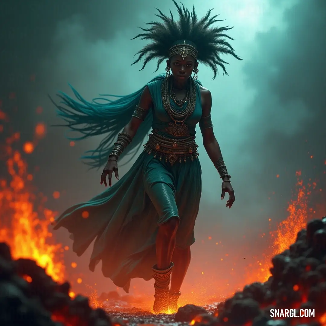 Tokunbo, her long hair flowing, walks barefoot through a fire pit. The intense heat and flames surround her as she moves with purpose and grace, unscathed, her dress flowing behind her in the fiery glow.