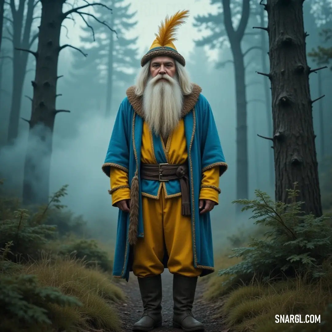 A lively figure in a blue and yellow outfit stands amidst a colorful forest, embodying the joyful essence of nature's vibrant palette and the spirit of adventure. In a vibrant forest, a dynamic figure sporting a long beard dons a colorful blue and yellow outfit, his presence radiating energy and life while engaging harmoniously with the enchanting surroundings.