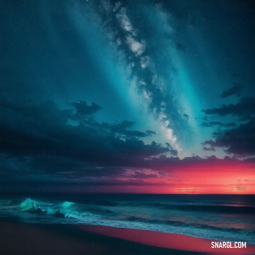 Beautiful sky with a lot of stars and clouds above the ocean and a wave coming in to shore